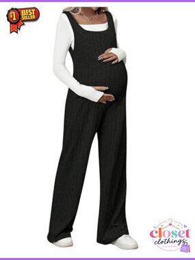 MakeMeChic Maternity Jumpsuit Sleeveless Ribbed Knit Square Neck Ankle Length